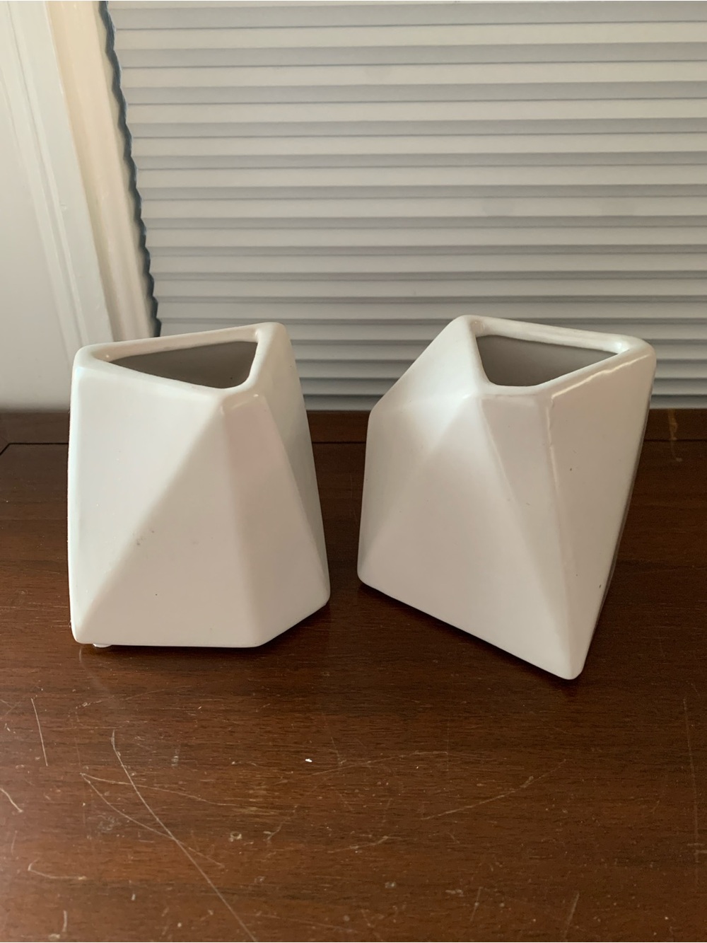 Set pair of matte white modern ceramic geometric small vases 4.25” tall